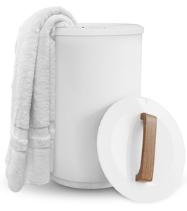 lot 15814 image: SAMEAT Heated Towel Warmers for Bathroom - Large Towel Warmer Bucket, Wood Handle, Auto Shut Off, Fits Up to Two 40X70 Oversized Towels, White - Retail $99