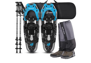 lot 15821 image: Odoland 25Inch Snowshoes with Trekking Poles for Men Women Youth, Waterproof Snow Leg Gaiters and Carrying Bag, Lightweight Aluminum, Heel Lift, Snow Shoes Easy to Wear - Retail $119