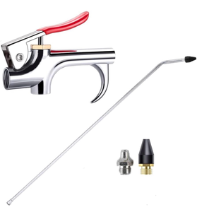lot 15822 image: Air Compressor Blow Gun with 24 Extension Nozzle, 14 NPT Rubber and Metal Safey Tip Accessory Tool for Long Reach Cleaning, Dusting and Inflation - Retail $20