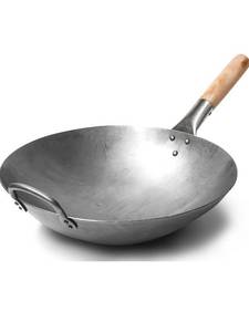 lot 15826 image: Craft Wok Traditional Hand Hammered Chinese Carbon Steel Wok with Wooden and Steel Helper Handle (14 Inch, Round Bottom Pow Wok Pan)  731W88 - Retail $69