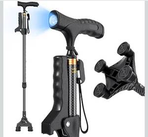 lot 15835 image: Carbon Fiber Cane with Light Unisex, 4-Pronged Base for Extra Stability, Folding Adjustable, Lightweight Seniors, Walking Stick for Men Women - Retail $69