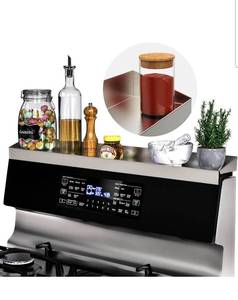 lot 15836 image: IIIOIIIA Stove Top Magnetic Shelf for Kitchen Organization, 30 Magnetic Spice Rack Over The Stove, 4 Deep Spice Organizer with Border All Around, Brushed Stainless, Silver - Retail $0