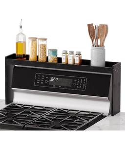 lot 15838 image: Over the Stove Spice Holder Shelf, 31.5 Kitchen Organizer Stove Spice Top Rack, 11.4 Height Countertop Storage, Over Oven Back Sink Organization Shelf, Black - Retail $45