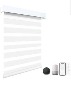 lot 15841 image: Motorized Blinds with Remote, 95% Blackout Smart Electric Zebra Shades, Built-in Rechargeable Tubular Motor Automatic Blinds for Window Compatible with Alexa Google (Luxurious White, 43 W x 72 H) - Retail $152