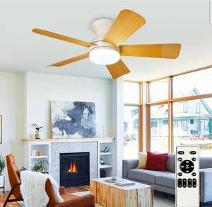 lot 15848 image: Depuley Modern Ceiling Fan with Light 35-Inch White Small Fans for Bedroom Indoor Outdoor - Dimmable Low Profile Ceiling Fans with Remote Control Flush Mount 5 Reversible Wood Blades 6 Speeds Timer - Retail $0