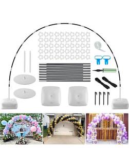 lot 15849 image: Improved Balloon Arch Kit, 10ft Wide & 9ft Tall Adjustable Balloon Arch Stand with Thicken Water Fillable Base, 50pcs Balloon Clip, Balloon Pump, Ground Nails for Wedding, Graduation, Birthday Party - Retail $0