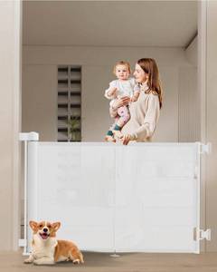 lot 15853 image: 59 inch Retractable Baby Gates 34 inch Tall, Retractable Gate with Reinforced Strip Design to Prevent Crawling Through, 5 FT Retractable Dog Gate for Stairs, Doorways, Hallways, IndoorOutdoor - Retail $42
