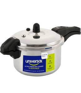 lot 15867 image: Universal (4.75 Quart  4.5 Liter) Ultra Pressure Cooker, Pressure Pot with 6 Safety Systems, Aluminum Pressure Cooker for 5 Servings, Even Heat Distribution, Diameter 9.4 inches, Height 8 inches - Retail $54