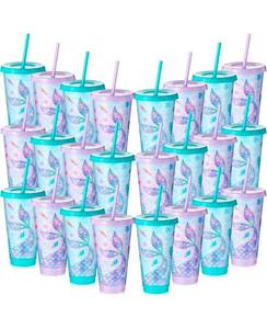 lot 15870 image: Uiifan 24 Pcs Mermaid Party Cups with Lid and Straw 24oz Mermaid Birthday Decorations Tail Shell Starfish Reusable Cup for Birthday Baby Shower Ocean Party Supplies - Retail $35