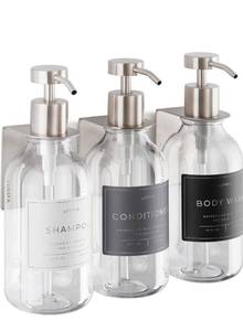lot 15890 image: Shower Shampoo Dispenser Wall Mounted �� 3 Refillable 16.9 oz Clear Bottles with Stainless Steel Pumps & No-Drill Adhesive Holders �� Soap Dispenser Set for Bathroom (3 X ClearSilver) - Retail $36