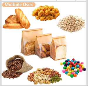 lot 15898 image: Heavy Duty Large Paper Bread Bags with Tin Tie Tab Lock 50pcs, Loaf Bag with Clear Front Window, Storage Packaging Treat Bag for Bakery Cafe Homemade Bread 10.6�� � 4.3�� � 8.7�� - Retail $0