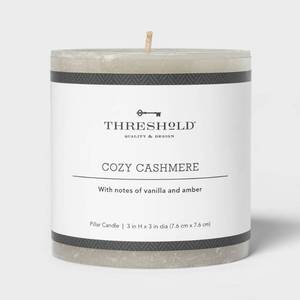 3\" x 3\" Pillar Cozy Cashmere Candle Gray - Thresholdâ¢: Scented, Smoke-less, 35h Burn Time - Retail: $9