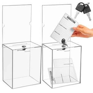 lot 8861 image: Sweetude 2 Pack Acrylic Donation Box with Lock Tall Tip Jars 8.2 x 6.7 x 5 In Suggestion Ballot Box with Sign Holder Large Locking Raffle Voting Container for Fundraising Ticket Collection(Clear)