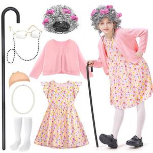 lot 8862 image: Jeowoqao Old Lady Costume for Kids-100 Days of School Costume Girls Old Lady Granny Grandma Dress Up for Girls 5 6 7