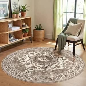 lot 8864 image: TOPRUUG Washable Oriental Area Rug - 5ft Round Rugs for Living Room Soft Carpet for Bedroom Waterproof Floral Distressed Indoor Stain Resistant Non-Shedding Floor Carpets (Beige, 5ft-Round)