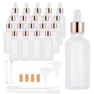 lot 8924 image: Njvial 20 Pack 50ml Frosted Glass Dropper Bottles for Essential Oils, 1.7oz Eye Dropper Bottles with Rose Golden Caps for Travel, Large Empty Glass Tincture Vials with Droppers, Funnels & 20 Labels