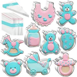 lot 8944 image: Ferrochef 159 Pcs Baby Shower Cookie Cutters Set 9 Pcs Cookie Cutters Stainless Steel Molds 100 Cookies Bags 50 Piping Bags for Baby Shower Birthday Party