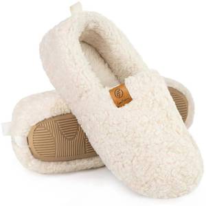 lot 8946 image: EverFoams Womens Soft Curly Full Slippers Memory Foam Lightweight House Shoes Cozy Loafer with Polar Fleece Lining Cream White,7-8 US
