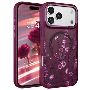 lot 8950 image: DOMAVER for iPhone 17 Pro Max Case, Magnetic Phone Case for iPhone 17 Pro Max Compatible with MagSafe Slim Fit Flowers Floral Design Shockproof Protective Bumper Women Men Girls Cover - Wine Red