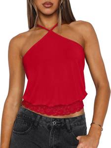 lot 8977 image: REORIA Womens Sexy Criss Cross Halter Lace Double Lined Tank Tops Trendy Fashion Summer Y2K Backless Going Out Party Clubwear Concert Outfits 2026 Camisole Tops (Coffe XX-Large) Red