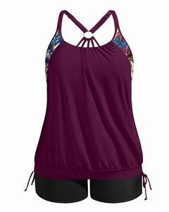 lot 8994 image: Holipick Purple Floral Plus Size Tankini Swimsuits for Women Two Piece Tummy Control Bathing Suit Blouson Tankini Top with Shorts 16W
