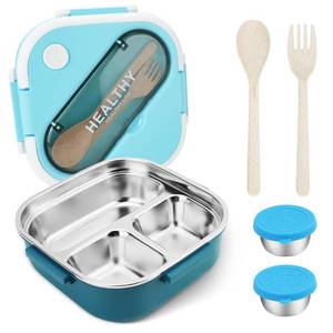 lot 9720 image: DSIOHFEI Stainless Steel Bento Box, 35oz Lunch Box with Utensil, 3 Compartment Portable Salad Dressings Container for Lunch, Metal Leakproof Snack Box Container for Sandwitch, Sauce