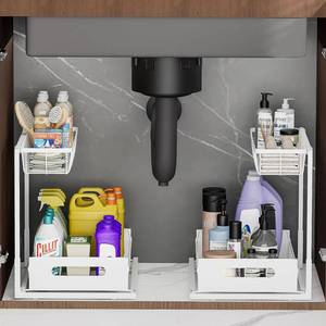 lot 9721 image: Ceetug Under Sink Organizers and Storage 2 Tier Slide Out Kitchen Cabinet Organizer Sturdy Metal Bathroom Storage (White, 2 Pack)