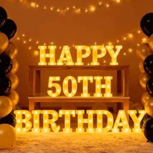 lot 9725 image: Honoson 17 Pcs 50th Birthday Party Decoration Happy 50th Birthday Light up Table Sign 6.42 Inch LED Neon Marquee Lights for Room Table Wall Decoration Party Supplies