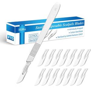 lot 9733 image: 15 Pack Surgical Blades #10 with Stainless Steel Scalpel Handle, High Carbon Steel Dermablade Blades Individually Wrapped Sterile for Dermaplaining, Podiatry, Crafts & More