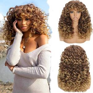 lot 9742 image: lumisera hair Curly Afro Wig for Black Women Curly Wigs with Bangs 18 Inch Long Curly Afro Synthetic Wig for Cosplay and Daily(Ombre Blonde)