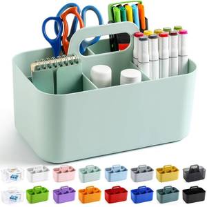 lot 9756 image: Multiuse Caddy Organizer with Handle - Stackable Plastic Tote Bin - Art Craft Supplies, Office, Desk, Stationery Pen Holder, Kitchen, Utensil, Makeup, Bathroom, Shower, Cleaning, Dorm Organizer - Mint