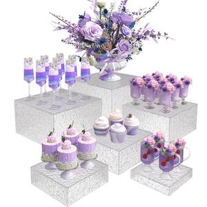lot 9775 image: Buffet Risers, Food Display Risers for Party, White Acrylic Risers Display Stand for Buffet Table, Catering Displays for Dessert, Cube Box Nesting Riser with Hollow Bottoms (5x6x7x8x9x10 6PCS Water Ripple)