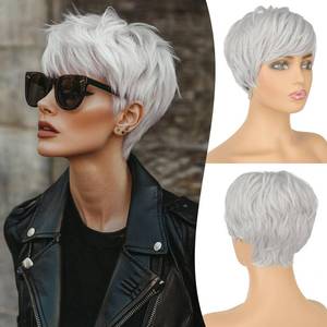 lot 9780 image: FESHFEN Pixie Cut Wigs Synthetic Platinum Grey Short Pixie Haircut Wig with Bangs Glueless Layered Wavy Granny Gray Wigs for Women Men