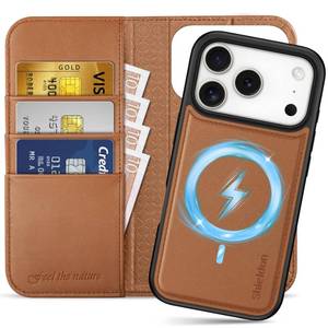 lot 9784 image: SHIELDON Real Leather Detachable Case Wallet for iPhone 17 Pro 6.3 2025  Wireless Charging  RFID Blocking Credit Card Slot  Kickstand  Flip Magnetic  Shockproof Cover  Saddle Brown