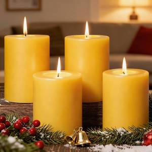 lot 9796 image: 3 Packs Natural Beeswax Pillar Candles, 212 Hours Long Burning Organic Emergency Candle 2.8x4in Unscented Pillar Candles 100% Pure Bees Wax Candles for Home Paryer