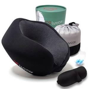 lot 9826 image: Luvcor Premium Quality Memory Foam Travel Neck Pillow Bundle - Best Ergonomic Pillow for Airplane Travel, car Ride, Sleeping. Comes with Eye mask, earplugs and Storage Bag.(Stealth Black)