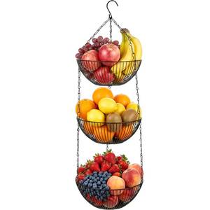 lot 9829 image: Teecyhooo 3-tier Hanging Fruit Basket for Kitchen, Removable Metal Fruit Holder with Adjustable Chain and Hook, Strong Load-bearing Vegetable and Bread Storage for Fruits, Veggies, and Household Items