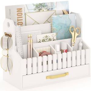 lot 9831 image: Bamboo Mail Organizer Countertop with Drawers, Wood Desk File Organizer Desktop Paper Organization Storage Bill & Letter Sorter Holder for School Home Office Supplies, No Assembly Required (White)
