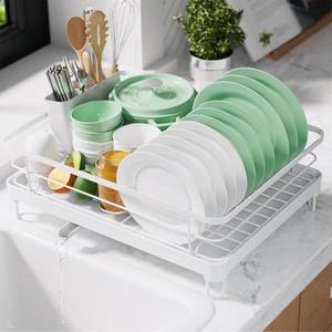 lot 9833 image: Kitsure Dish Drying Rack for Kitchen Counter, Stainless Steel Sink Organization and Storage Essentials with Cutlery Holder, Home and Appartment Decor, 12.7W x 16.7L, White
