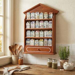 lot 9842 image: Chunful Vintage Spice Village Wooden Rack 22 x 17 x 4 Inches with 4 Shelves and Drawer for Wall Mounting Kitchen Storage Spice Village Display Shelf for 24 Jars, Shelf Only (Brown, Classic)