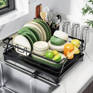 lot 9848 image: Epicano Dish Drying Rack for Kitchen Counter,Space-Saving Dish Rack,Rustproof Dish Drainer with Utensil Holder and Knife Slots for Sink,Kitchen Drying Rack with Wooden Handle and Cup Holder, Black