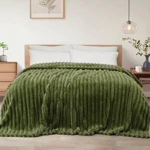 lot 9849 image: Exclusivo Mezcla King Size Flannel Fleece Blanket, Super Soft Striped Jacquard Bed Blanket, Lightweight Fuzzy Cozy for All Seasons, 90x104 Inches, Olive Green