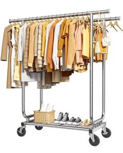 lot 9853 image: Sakugi Stainless Steel Rolling Clothes Rack with Mesh Shelf, Lockable Wheels & Anti-Slip Stoppers, Freestanding Clothing Organizer for Bedroom, Laundry Room, 43.5 x 16.5 x 65.9, Silver