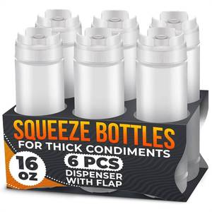 lot 9859 image: 6 Pcs Condiment Squeeze Bottles 16 Oz - 9.2x2.44 Clear Bottles With Self-Closing Valve, Flexible, Easy to Clean and Fill - Dispenser for Sauces and Dressings