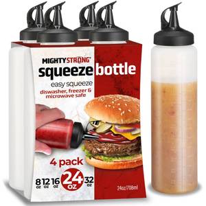 lot 9860 image: MIGHTY STRONG 4 Pack Condiment Squeeze Bottles 24 Oz Easy Pour Sauce Bottle With Leak Proof Snap Cap, Plastic Squeeze Bottles For Sauces, Condiment Containers, clear