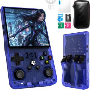 lot 9873 image: R36MAX Handheld Game Console, 40000 Games Retro Gaming Console, 256GB TF Card Mini Retro Video Console, 4000mAh Rechargeable 4.0 IPS HD Screen Portable Pocket Arcade (Transparent Blue)