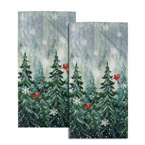 lot 9899 image: Winter Watercolor Tree Hand Towels for Bathroom 2 Packs Christmas Dark Green Pine Trees Kitchen Towels Misty Forest Cardinal Holiday Super Soft Fast Drying Washcloths for Home Hotel Gym