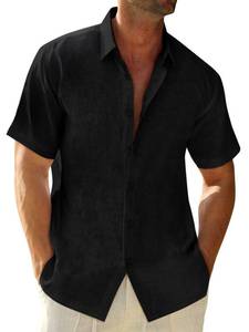 lot 9900 image: Runcati Mens Button Down Linen Shirts Short Sleeve Casual Collared Summer Beach Untucked Tops Black LXL