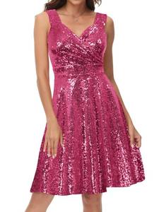 lot 9901 image: GRACE KARIN Women Sleeveless Sequin Bridesmaid Dress A-Line Swing Dress Rose Red S