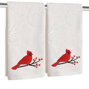 lot 9902 image: 2 Pack Merry Christmas Hand Towels 100% Cotton Jacquard Pine Cone Embroidered Cardinal Bird holiday Kitchen dish Towels Retro Neutral Beige Bathroom Towels Set gift Seasonal Xmas Winter Bathroom Decor